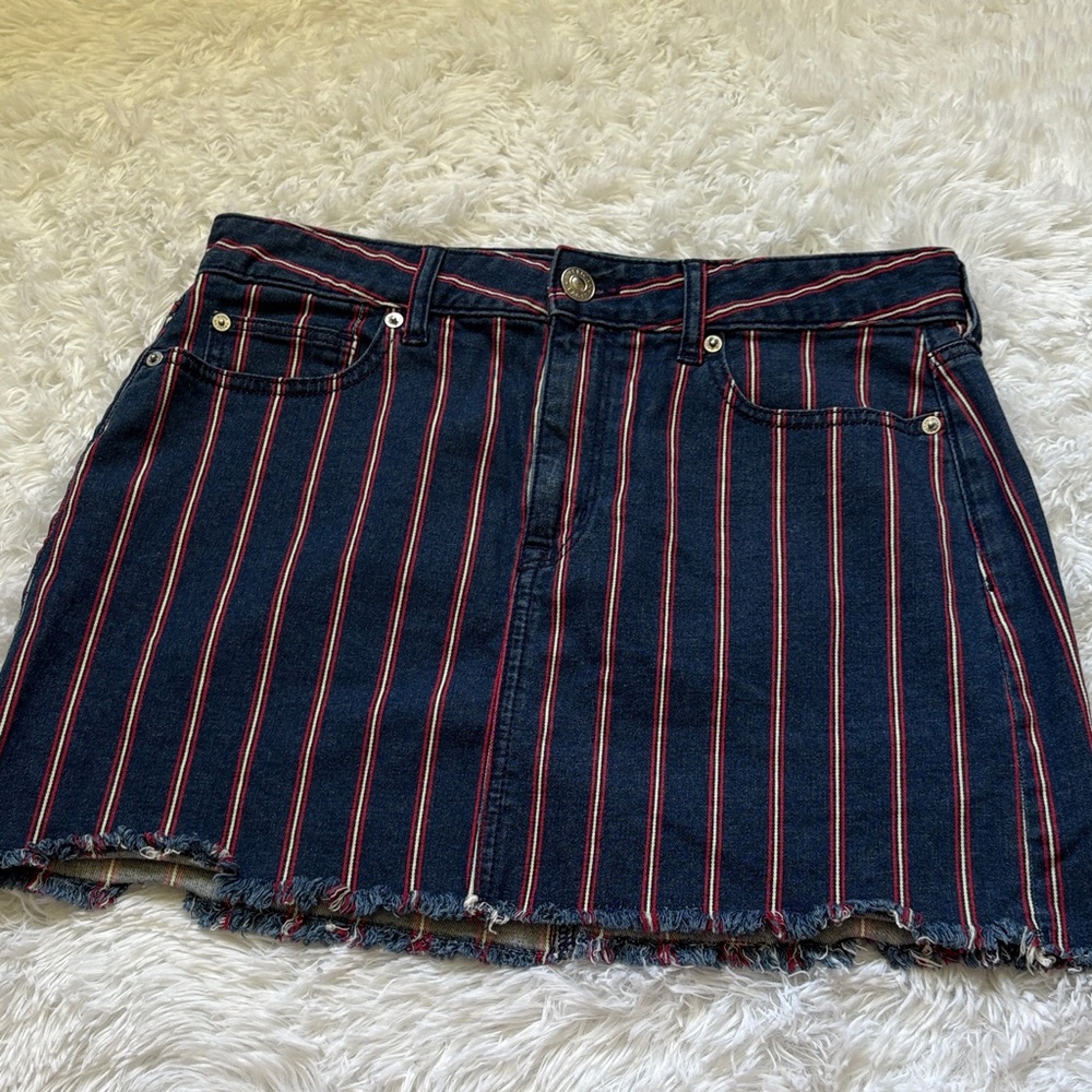 American Eagle Blue Red And White Striped Denim Mini Skirt Size 10 Regular